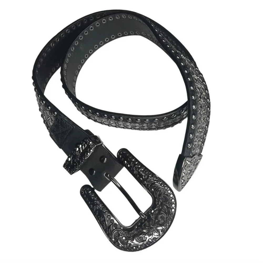 WONDERWEST Rhinestone Black Belt Leather Large Buckle Womens Size Medium